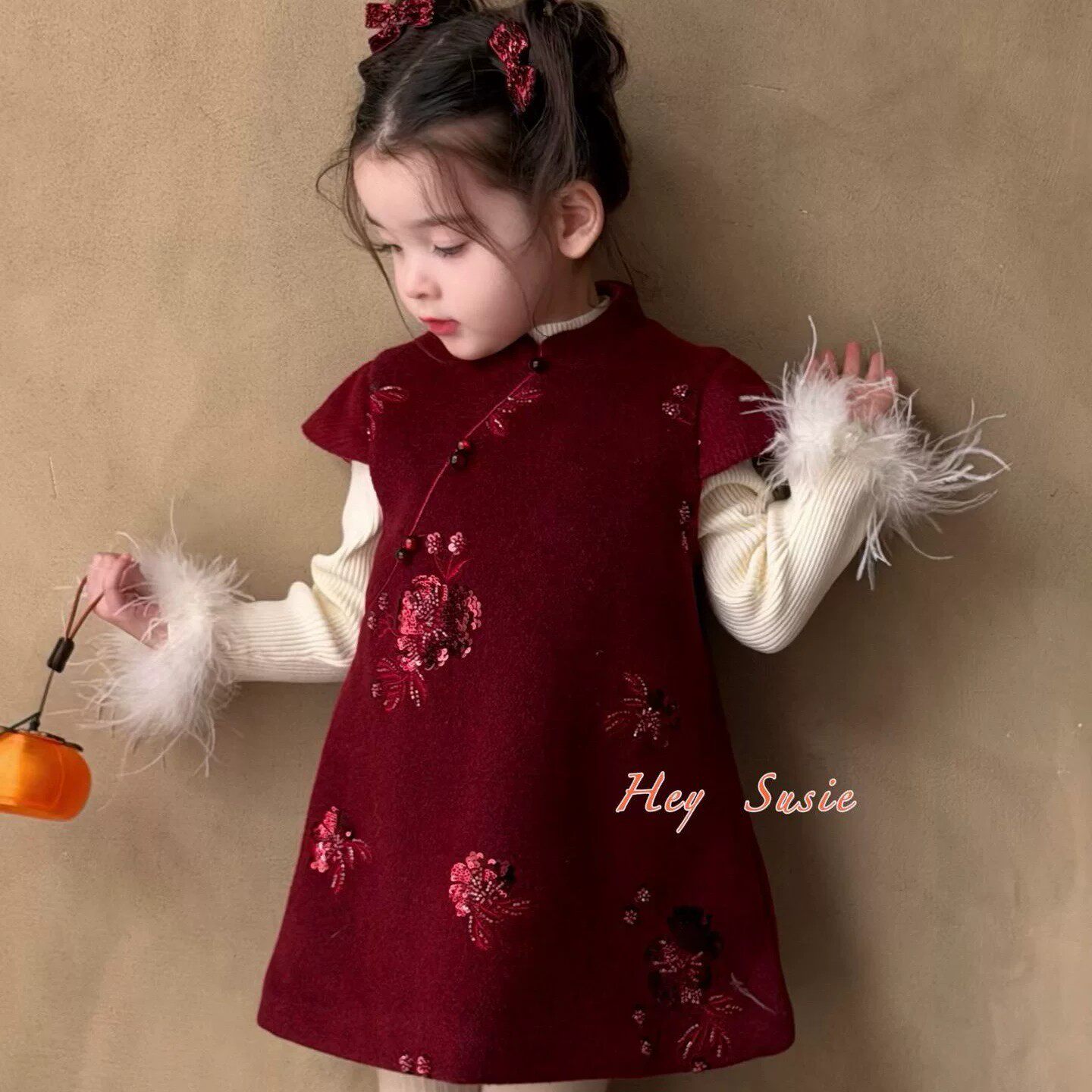 女童新中式红色刺绣旗袍背心裙秋冬加厚新年拜年服洋气连衣裙