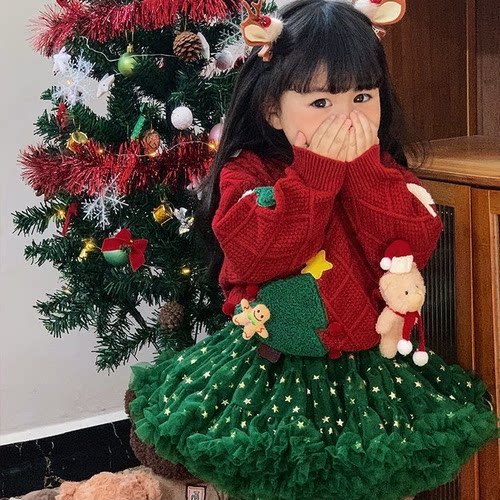 女童秋冬酒红tutu裙玩偶熊毛衣