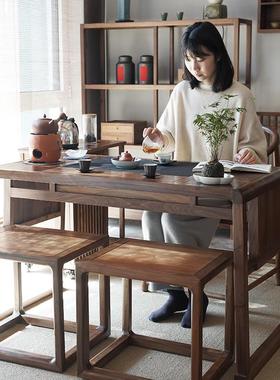 新中式阳台组合茶桌禅意烧水壶一体黑胡桃实木乌金石案茶室茶台