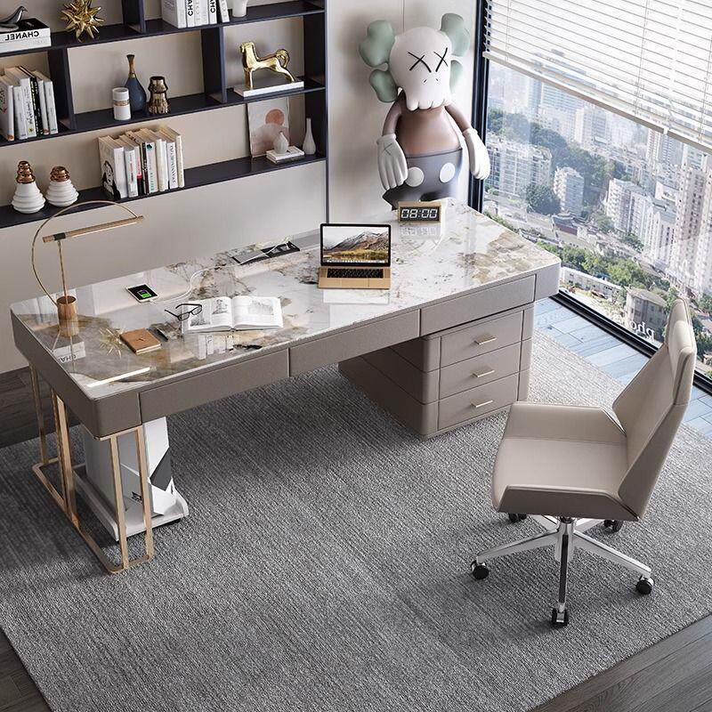现代简约轻奢岩板书桌家用意式设计师电脑桌高端办公室桌椅写字台