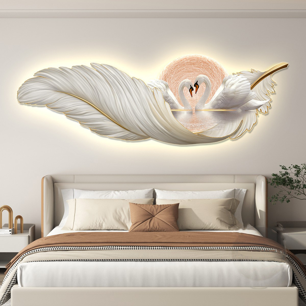 天鹅卧室装饰画现代简约床头背景墙挂画主卧房间壁画高级感羽毛