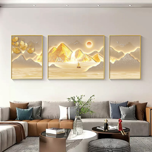 背靠金山客厅装饰画山水三联壁画