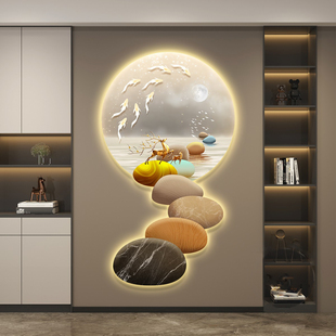 石来运转玄关装饰画现代简约客厅入户走廊过道转壁画带灯精雕挂画