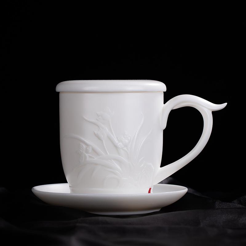 羊脂玉陶瓷功夫泡茶杯办公室茶水分离杯会议室带盖过滤办公杯带把
