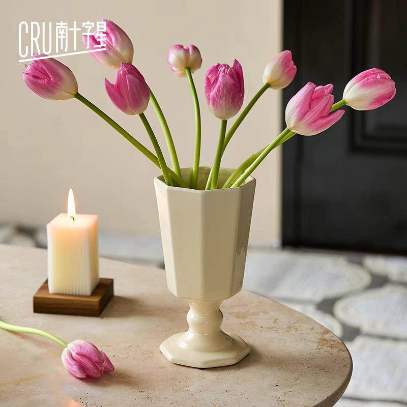 复古奶油八角陶瓷花瓶高脚杯高级感客厅法式摆件棱间,纺织面料/辅料/配套,纺织机械配件,淘宝优惠券,粉丝福利购,淘宝优惠卷