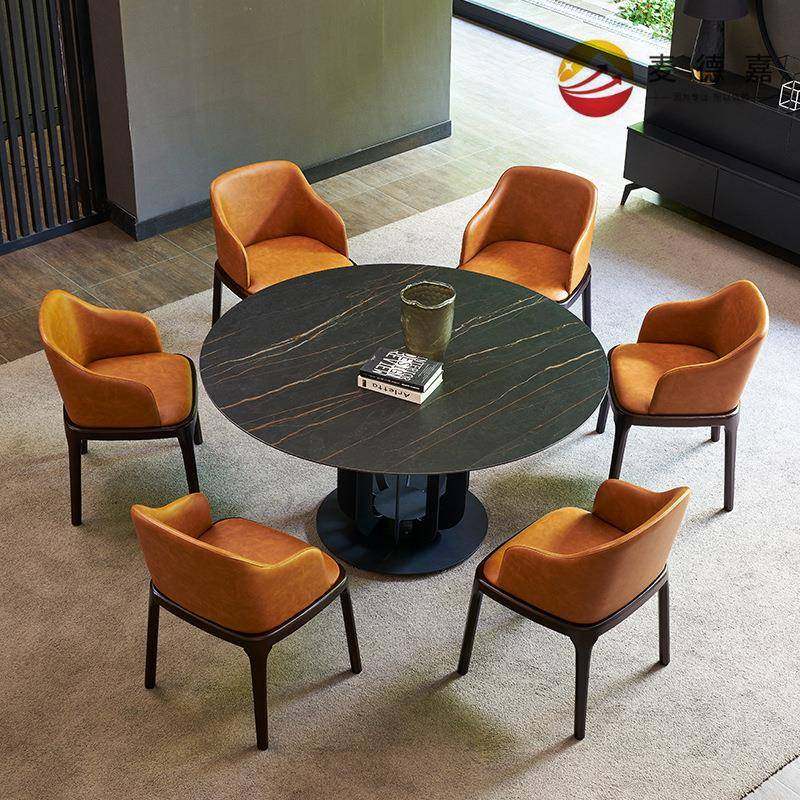 名飞轻奢岩板餐桌椅湘菜馆客厅1米2大圆台火锅饭店轻奢岩板桌椅组