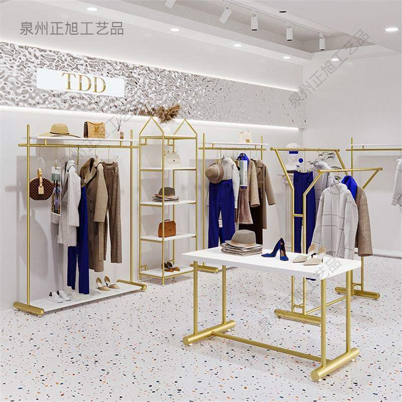 服装店落地式金色衣服展示架货架组合网红专用挂衣架女装店陈列架