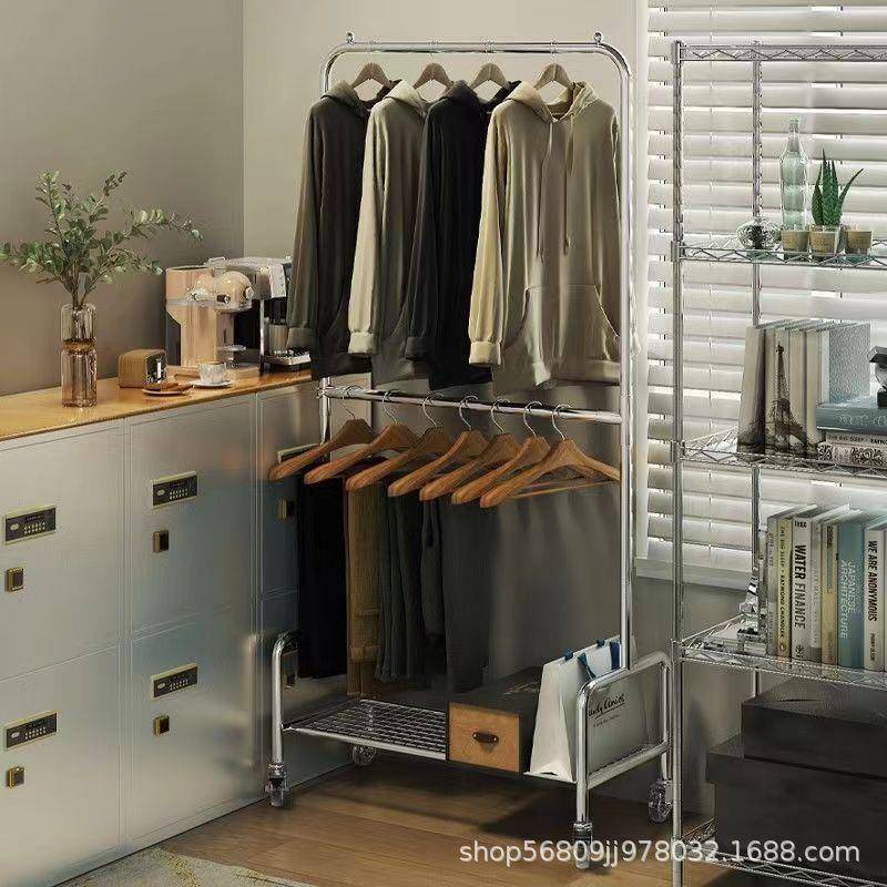 上下双层衣架卧室简易移动衣帽架落地立式挂衣架子家用落地衣架