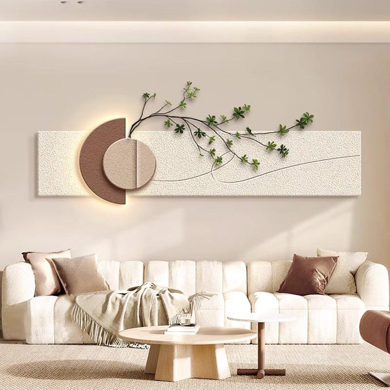 AW奶油风横幅立体砂岩客厅装饰画led灯画绿植高级感卧室床头挂画