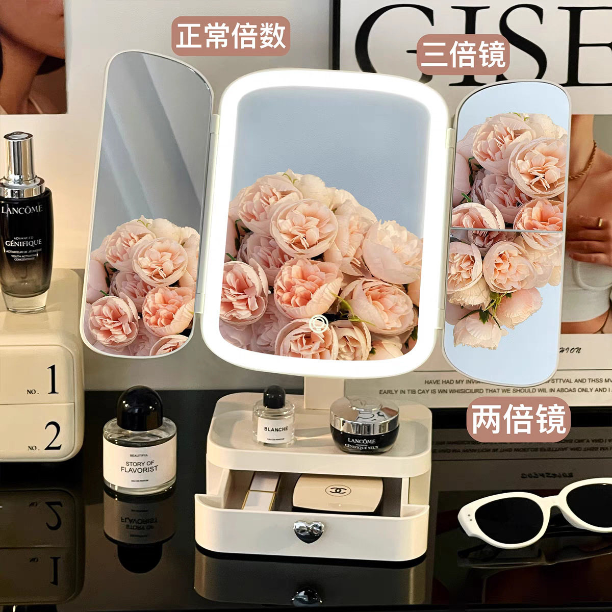 LED化妆镜桌面台式充电带灯折叠梳妆镜宿舍带抽屉收纳一体大镜子,3C数码配件,其它配件,淘宝优惠券,粉丝福利购,淘宝优惠卷