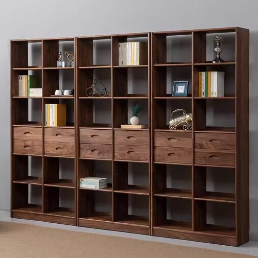 北美黑胡桃木书柜置物架组合多层书柜满墙落地书架实木书柜展示柜