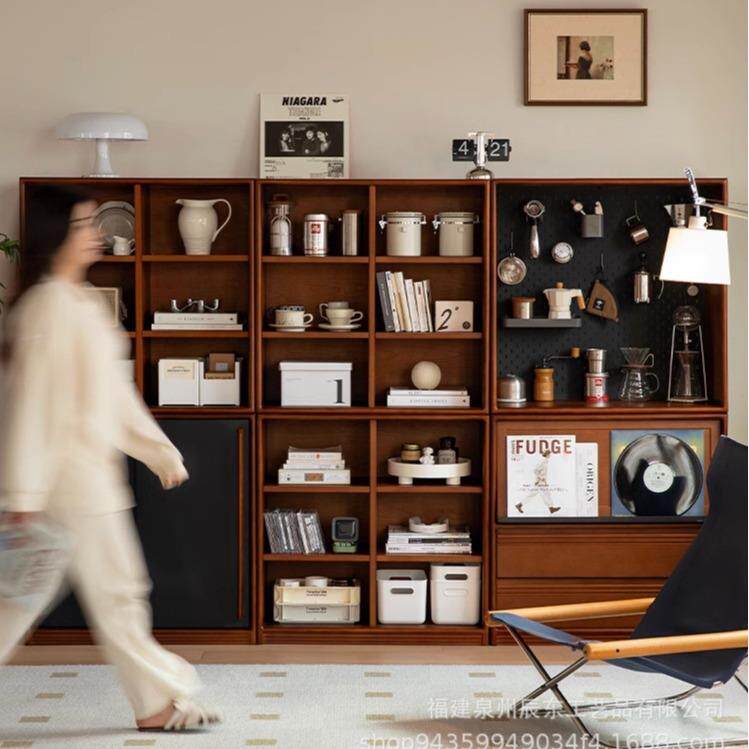 实木书架收纳柜北欧落地组合柜家用创意玻璃柜复古书柜展示柜置物