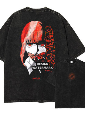 电锯人t恤水洗做旧印花美式复古 玛奇玛短袖宽松潮牌男装半袖