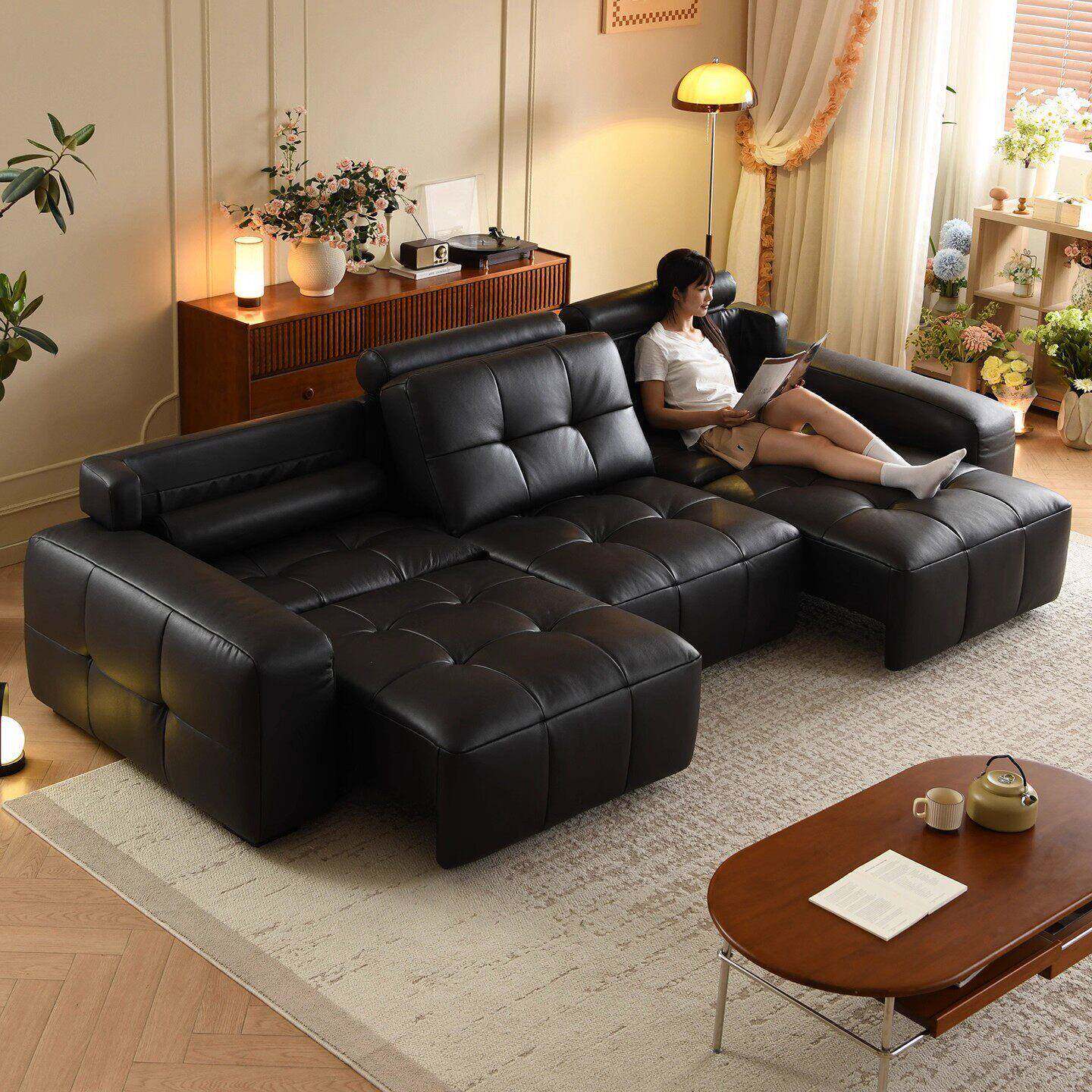 劳伦斯电动功能沙发床2026新款可躺可睡伸缩两用客厅直排真皮沙发