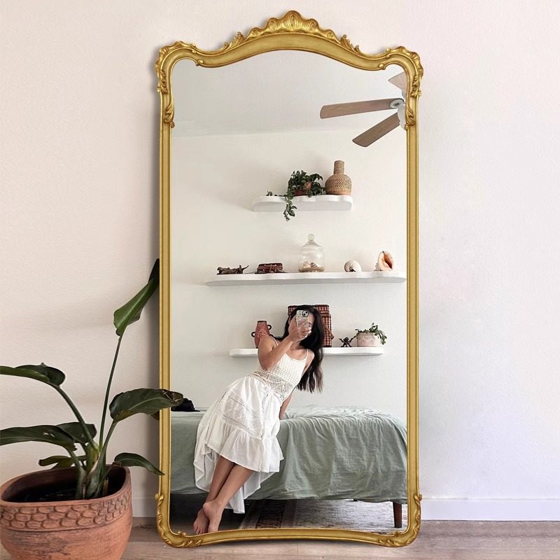 法式复古穿衣镜实木雕花全身镜客厅卧室落地镜贴墙欧式家用壁挂镜