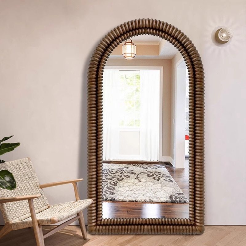 中古风复古全身镜卧室原木落地镜法式挂墙美式壁挂拱形穿衣镜子