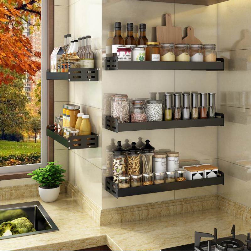 厨房调料架子免打孔黑色太空铝多功能用品调味盒收纳壁挂式置物架