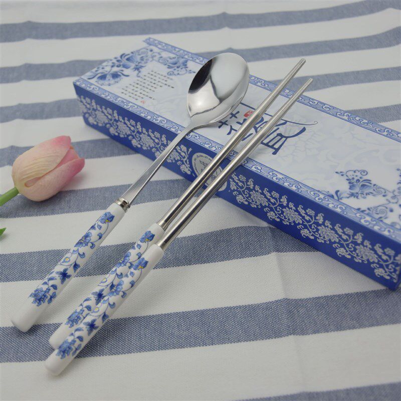 速发青花瓷餐具叉勺2件套陶瓷不锈钢具叉餐勺汤刀筷子礼品礼盒装