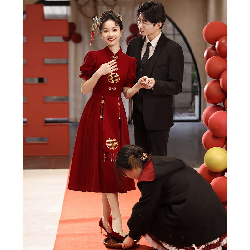 速发旗袍敬酒服小娘2夏24新款结婚红色夏天新中式订婚礼服裙新个