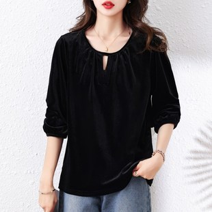 速发计月墨陌法名复古V领丝绒士秋装大码式媛风设九感上衣