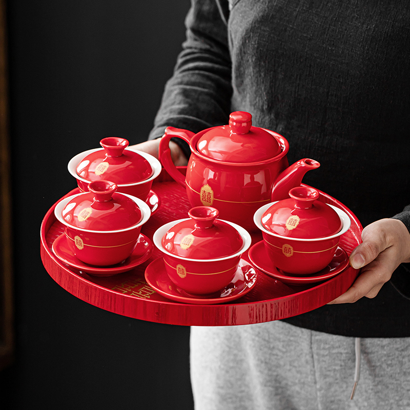 速发口迎结婚改亲敬茶杯婚礼红色茶具喜茶杯对杯方装婚庆套陪嫁用