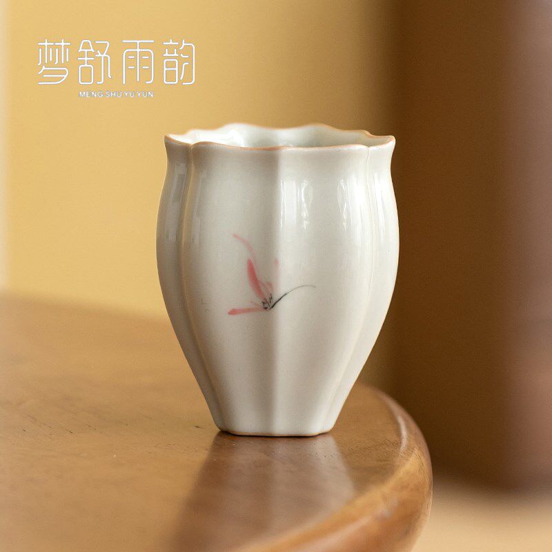 现货草木灰手绘粉色兰花葵口杯A茶杯陶瓷个人品茗杯功夫茶具主人