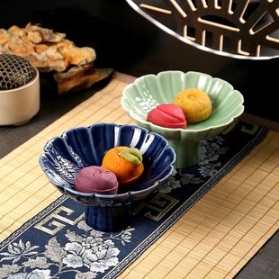 速发中式点心盘围炉煮茶茶店茶花高陶瓷高脚盘点形水果盘干果盘盘