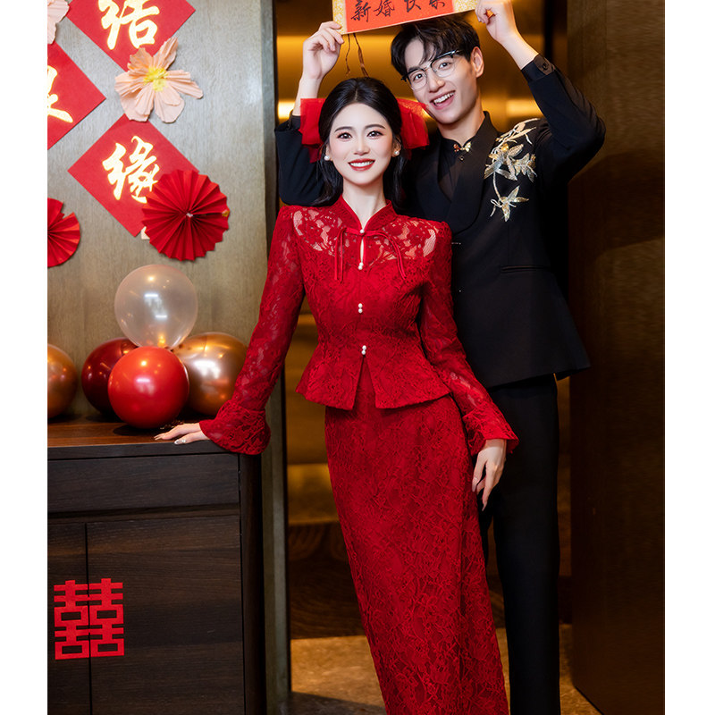 速发旗袍敬酒服新长红色订婚礼服连衣裙新中式结婚衣服套装娘袖冬