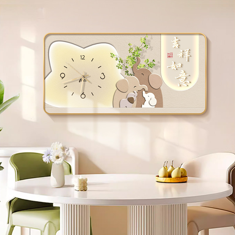 速发奶油风餐厅装饰挂带钟画高级感大象表画饭厅餐桌墙壁画客厅时