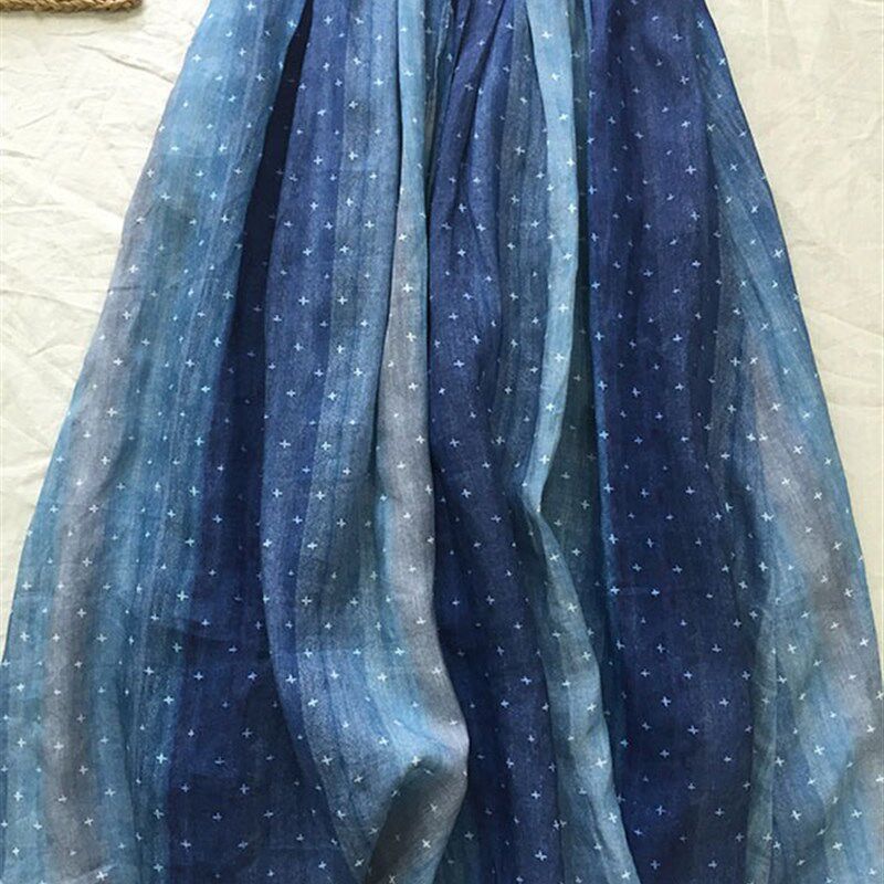 速发蓝色碎花裙点夏麻半身波苎季渐变撞色中长款飘逸大摆棉麻A字