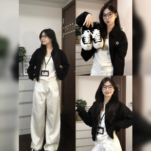 速发黑色外套2024短款秋冬季正肩夹克款新加绒卫衣深秋穿搭美式上