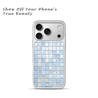 蓝调贝母马赛克细闪方块适用于苹果17promax新款手机壳iPhone air/16pro/15plus14玻璃13pro小众手机套冰感女