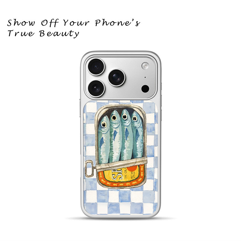 蓝白格子底水彩沙丁鱼罐头手绘适用于苹果17promax新款手机壳iPhone air/16pro/15plus14玻璃13pro手机套冰感