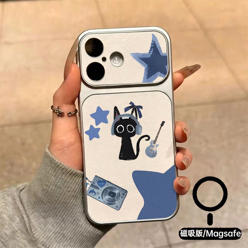 蓝色星星蝴蝶结听歌小黑猫手机壳苹果18promax新款手机壳iPhone air/17pro/15plus14小羊皮13pro手机套冰感
