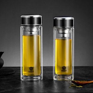 2026新款时尚明霞双层玻璃茶杯带滤网商务办公泡茶杯定制礼品水杯