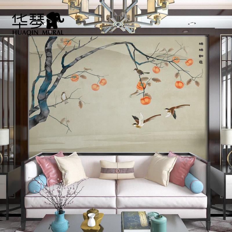 新中式花鸟电视背景墙壁纸客厅沙发柿柿如意墙纸壁画墙布壁布定制