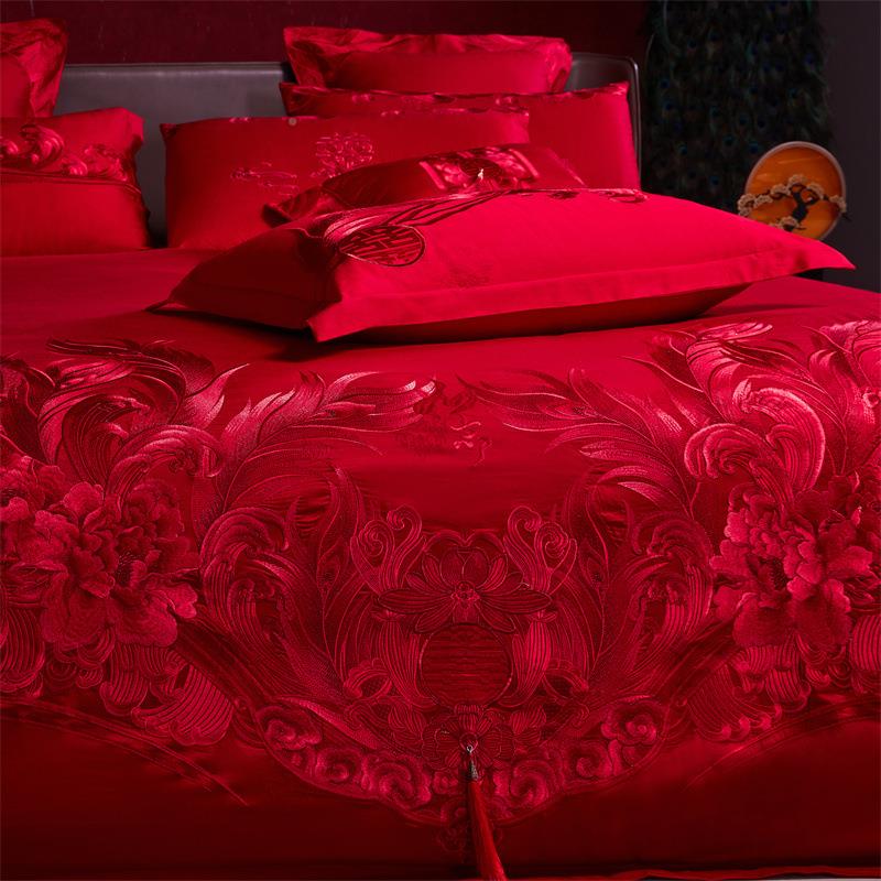 婚s庆结婚奢红色四件套轻1JJN0长绒棉6纯棉被套婚嫁婚房喜被床上