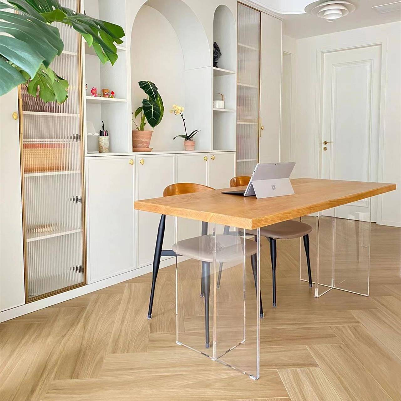 亚克力悬浮餐桌家用简书约实木电学脑桌办F97HM999公桌原木厅长条