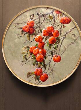 油画手绘事事如意柿客厅圆MXSH029挂走廊过道画竖版新中式子玄关