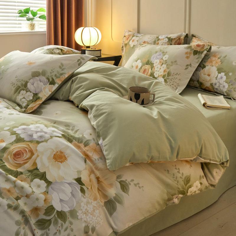 00全棉磨毛1四件套a类纯棉秋冬暖保床品加厚印YUV花被套床笠单款