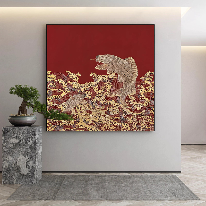 新中式鲤鱼跃龙门红色喜庆客厅装饰画高级感餐厅办公室书房挂画图片