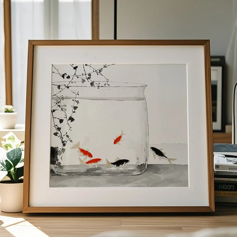 《流动的诗意》新中式书房装饰画发财锦鲤客厅背景墙挂画茶室壁画