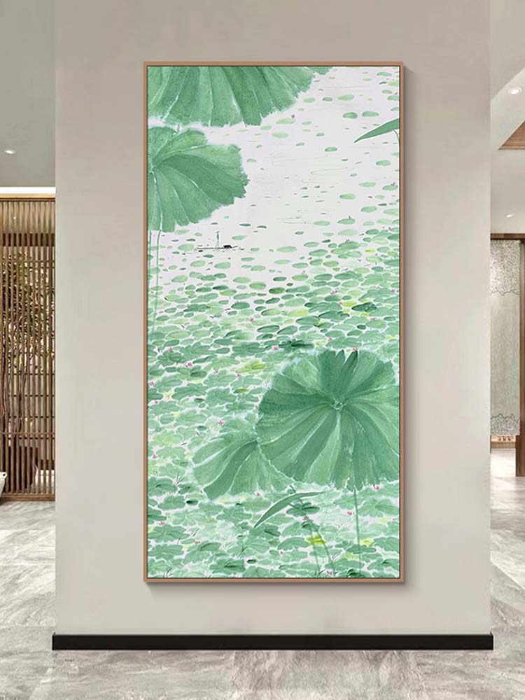 新中式水墨国风客厅装饰画荷叶莲花池塘入户玄关走廊绿色抽象挂画