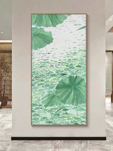 新中式水墨国风客厅装饰画荷叶莲花池塘入户玄关走廊绿色抽象挂画