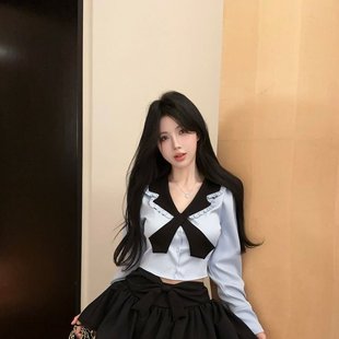实拍实价学院风jk制服套装 设计感拼色辣妹衬衫 高腰显瘦蓬蓬短裙裤