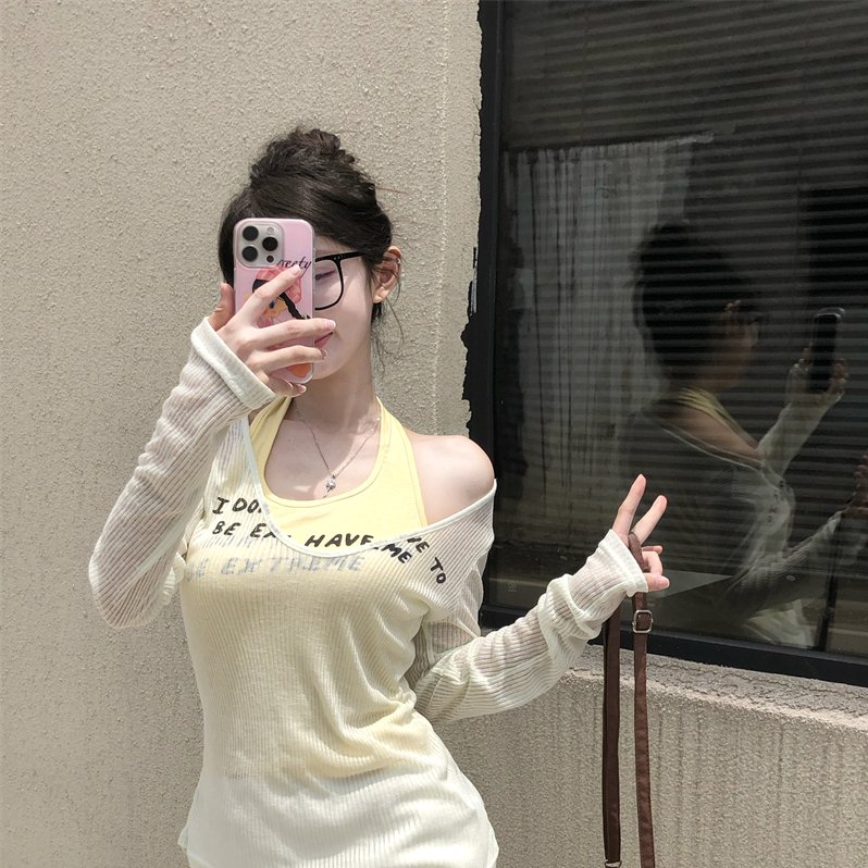 实拍 真实价 叠穿挂脖背心T恤女镂空防晒针织罩衫套装夏季
