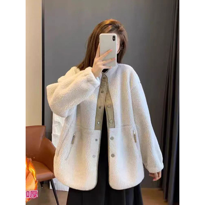 已出货冬装新款韩系大码女装立领羊羔毛外套宽松拼色加厚大衣