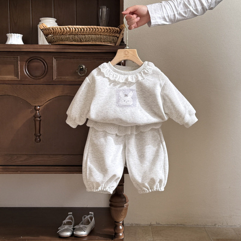 女童春秋季纯棉套装宝宝儿童潮休闲蕾丝卫衣长裤两件套婴儿外出服