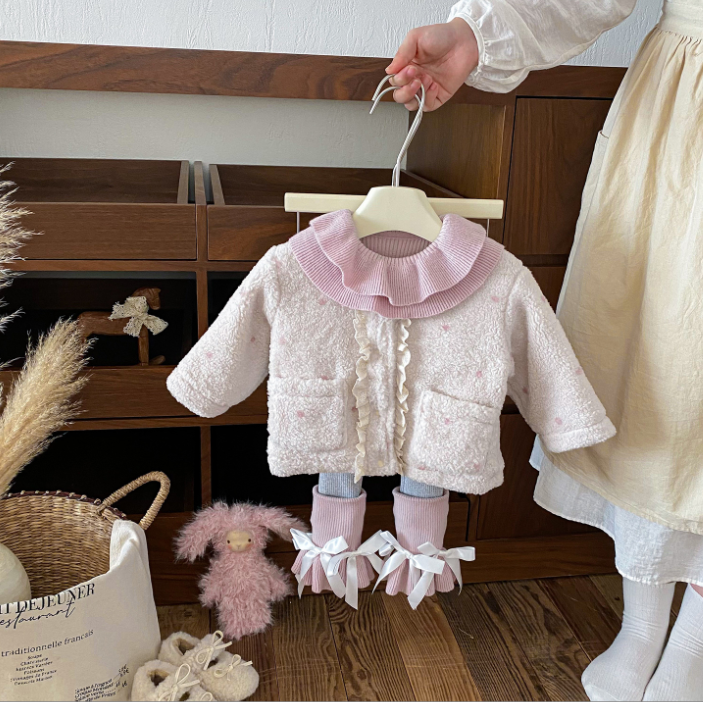 女童冬季加绒毛毛外套打底裤套装