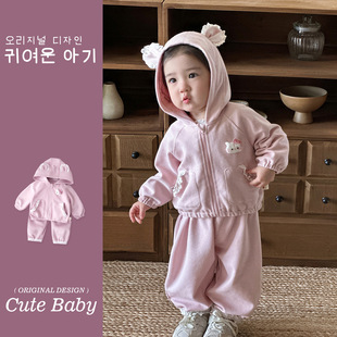 女童春秋季新品套装儿童纯棉连帽休闲卫衣卫裤两件套宝宝开衫春装